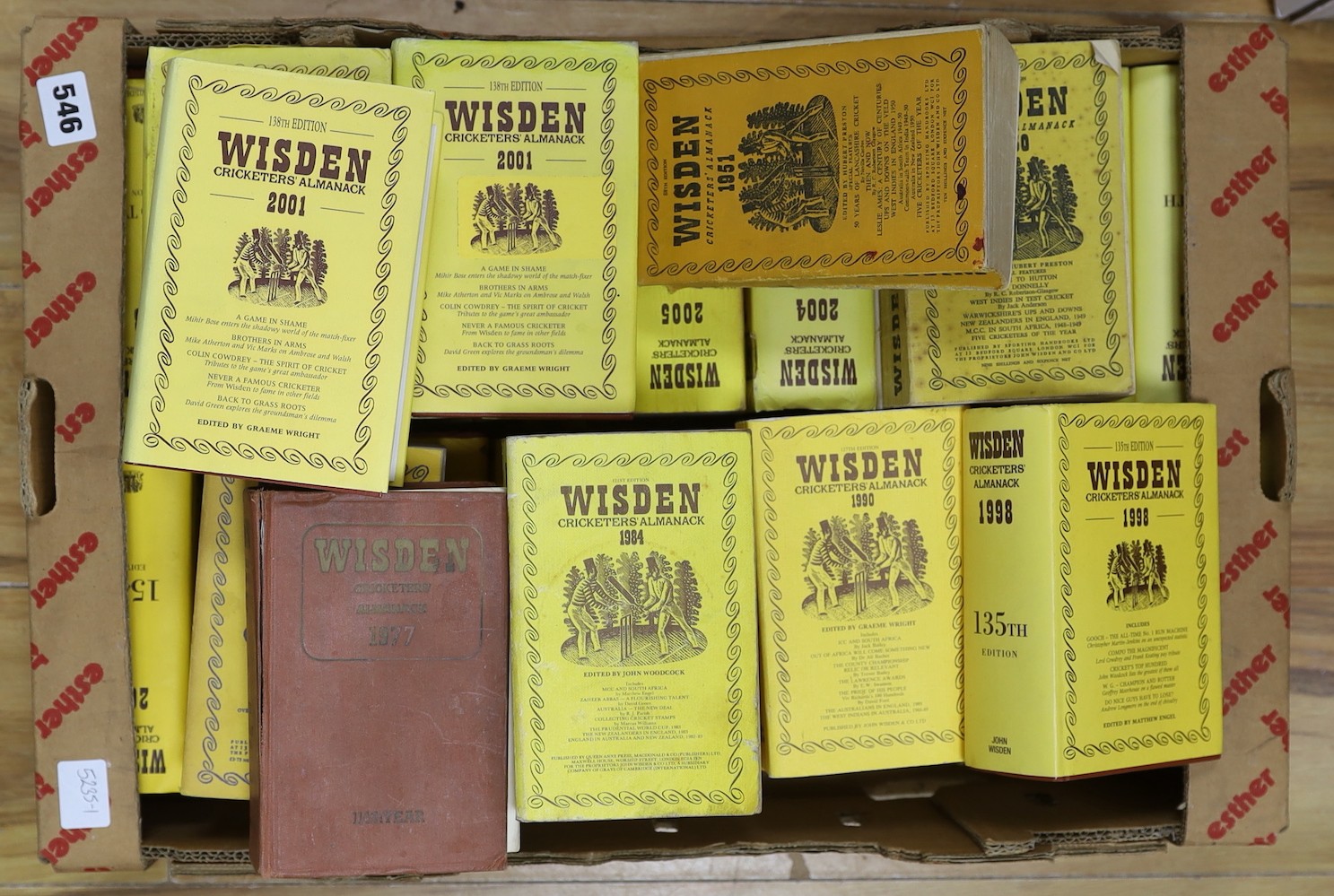 29 Wisden almanacks: 1950 linen cover, 1951 linen cover, no back cover, 1977 linen cover, 1977 hardback(no dust jacket), 1978 linen cover, 1984 linen cover, 1990 linen cover, two 2000 hardbacks, two 2001 hardbacks, two 2